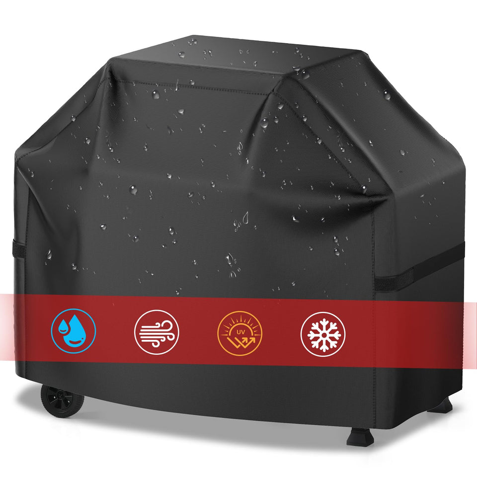 VIBOOS 58-inch grill cover protecting a standard outdoor grill from rain and sun.