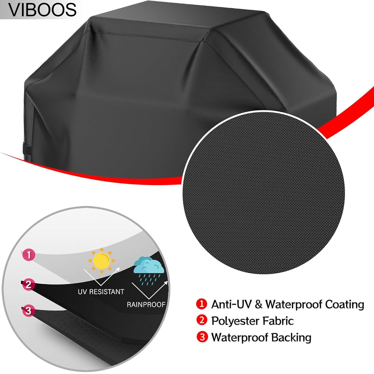 VIBOOS waterproof fabric blocks rain and dust to keep the grill clean.
