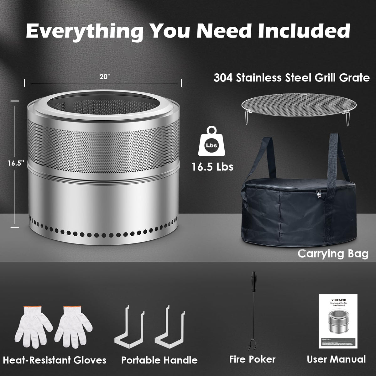 VICEARTH removable ash pan for easy cleanup and surface protection