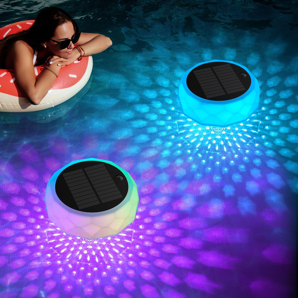 VICHTOP solar floating pool light with top and bottom glow for immersive night ambiance.