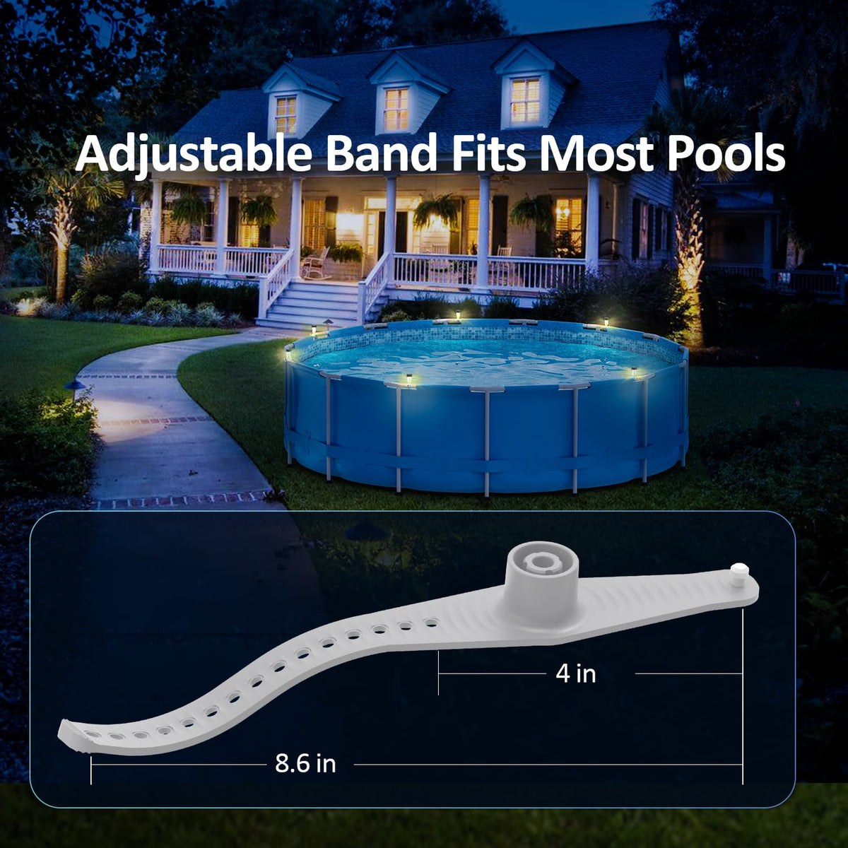 Easy-attach VICHTOP solar lights simplify framed pool setup along fences.