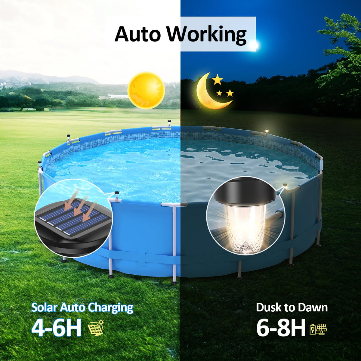 VICHTOP lights attach to pool fence for dusk lighting and ambience.