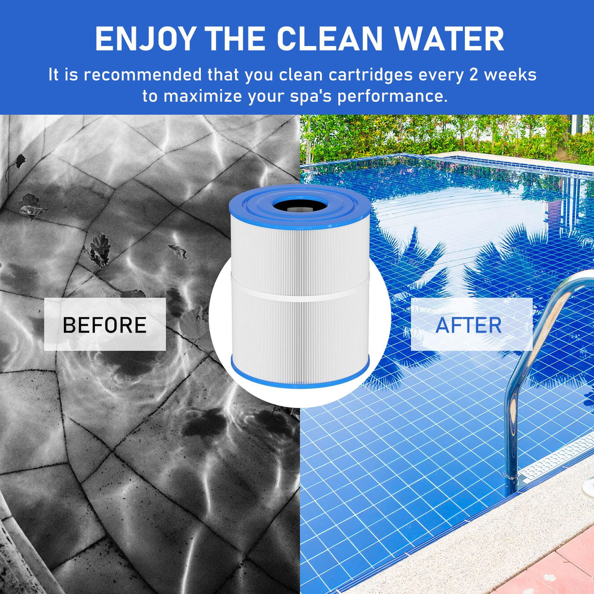 Blue and white casing of Vickmons spa filter indicating durable replacement