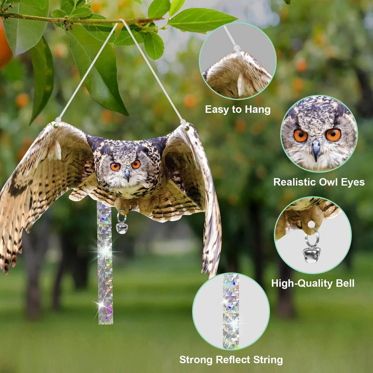 Vicsiyi bells and rope setup adds motion to repel birds.