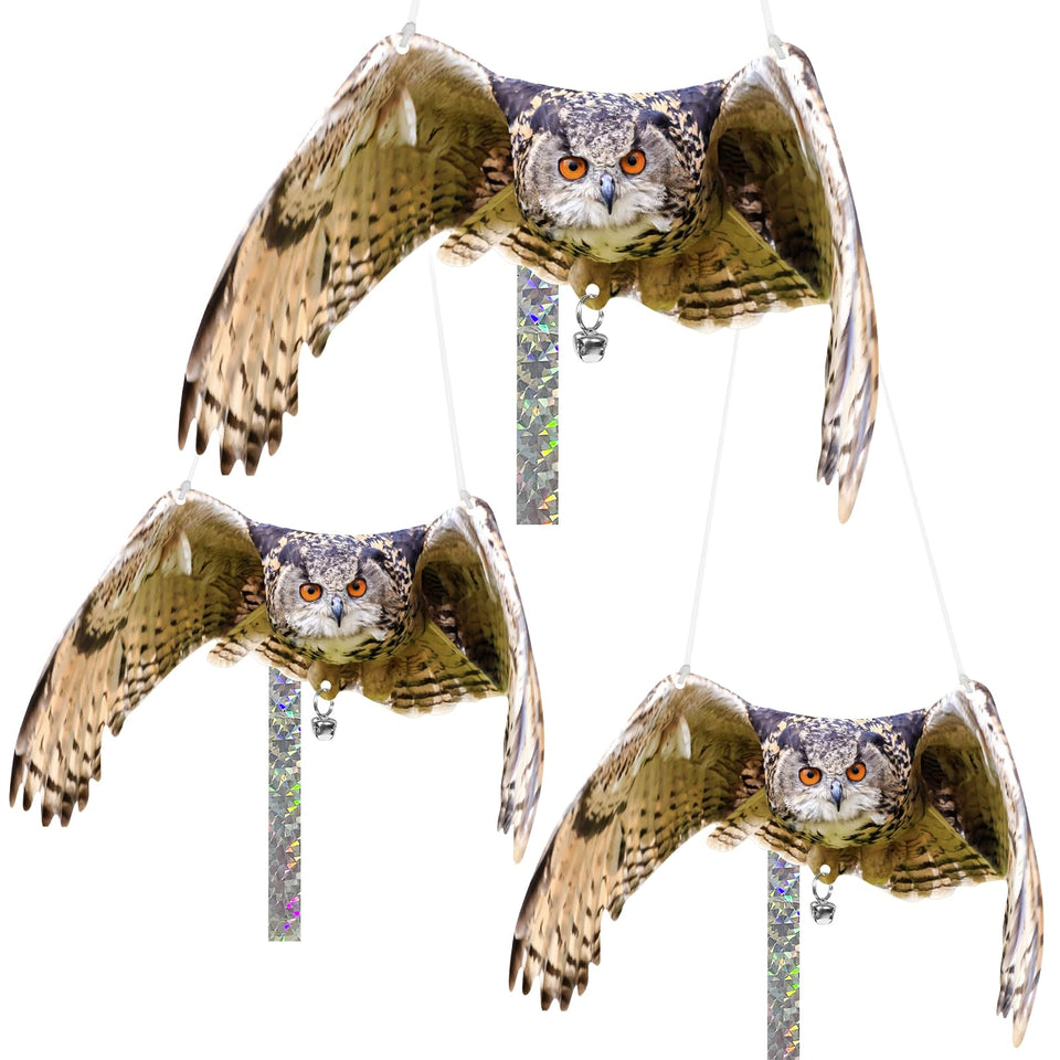 Vicsiyi double-sided owl deterrent protects gardens by deterring birds.