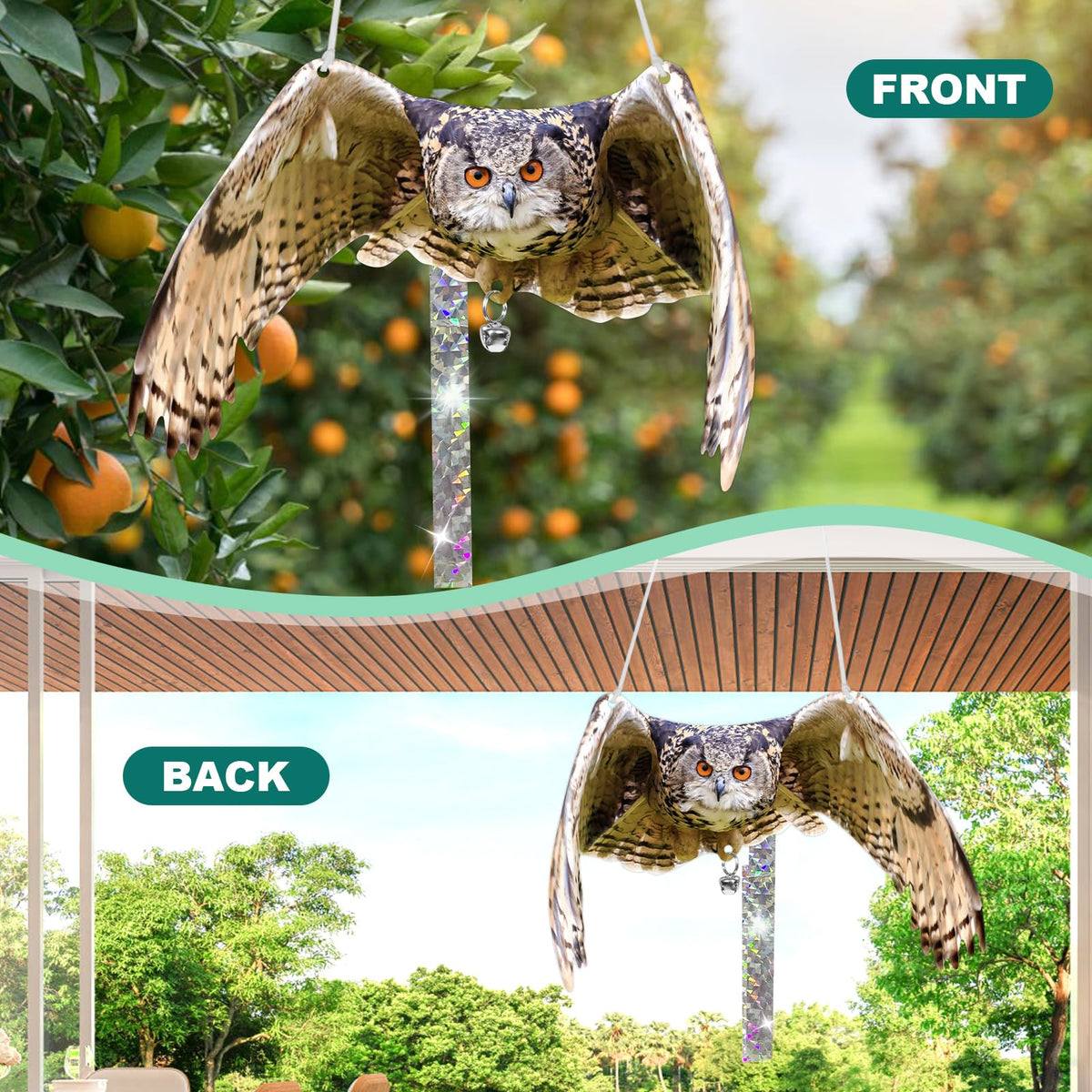 Vicsiyi garden owl decoration hanging adds visual cue for birds.