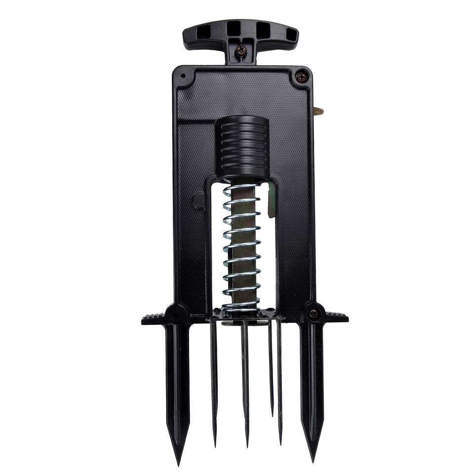 Victor easy-set deadset mole trap handle shows quick setup for mole control