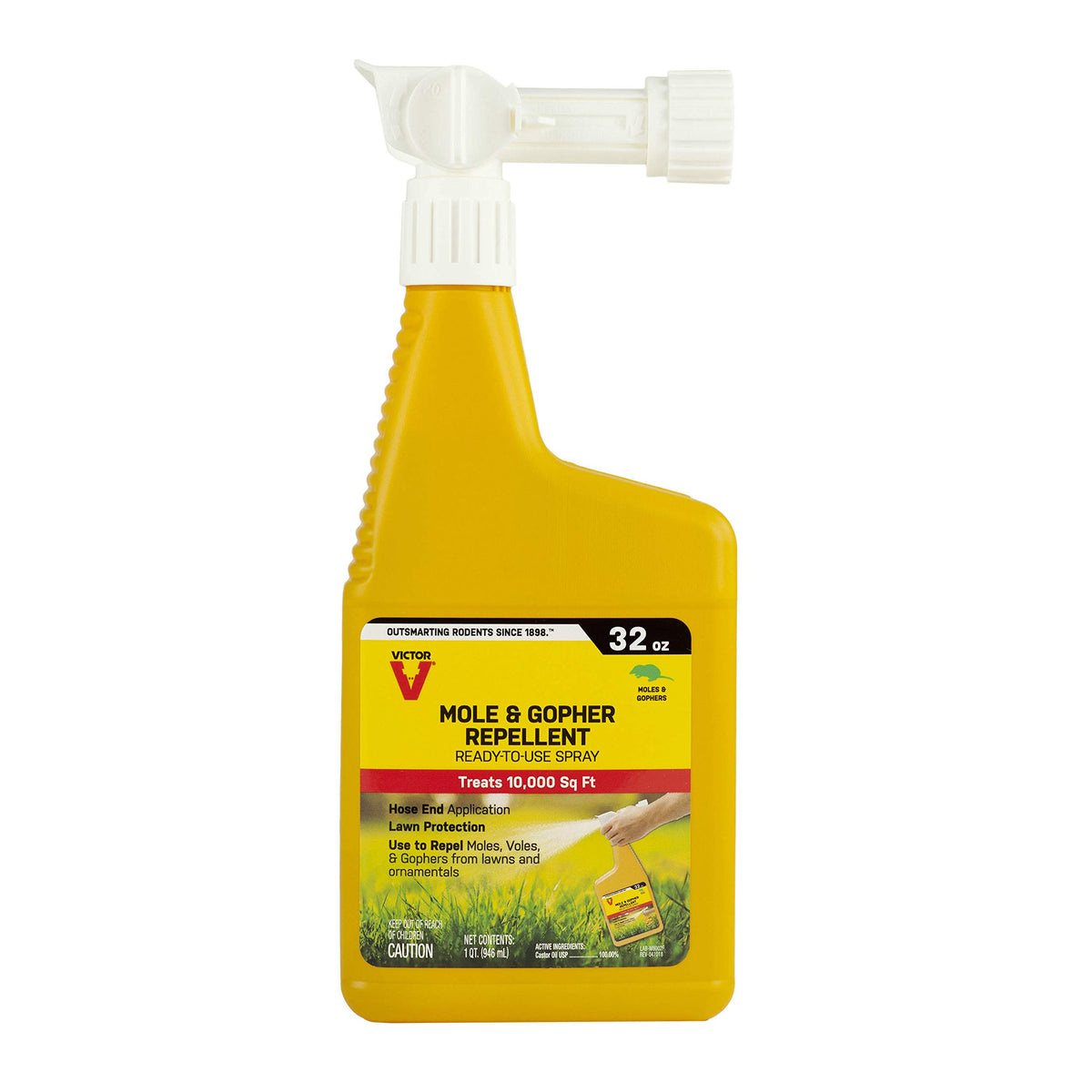 Victor Mole & Gopher Repellent spray head for quick hose-end application.
