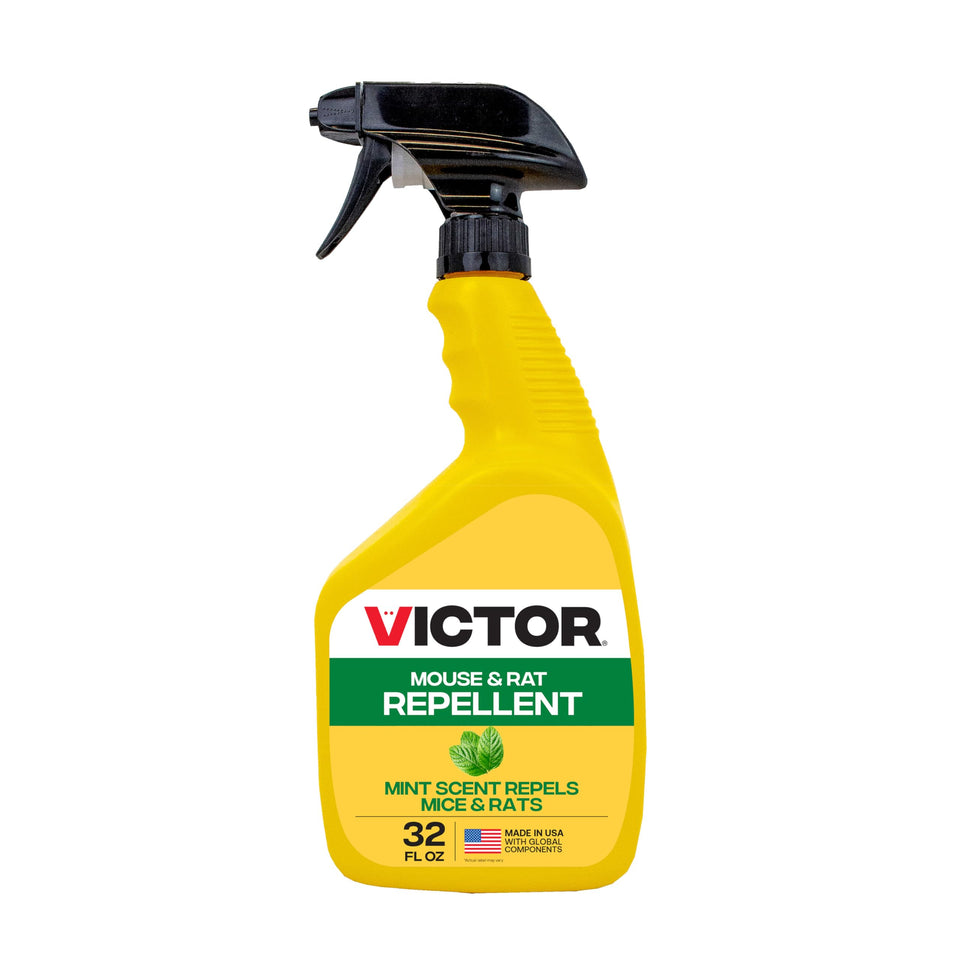Victor Mouse and Rat Repellent Spray, perimeter-coverage, deters rodents around the home using a natural scent.