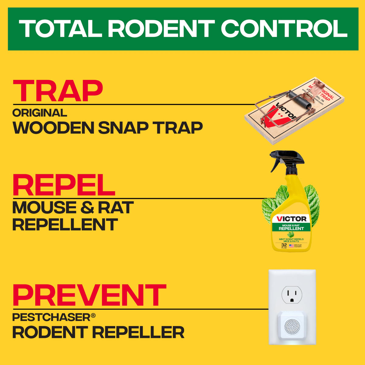 Victor Mouse and Rat Repellent Spray, ready-to-use, simple application around foundations and entry points.