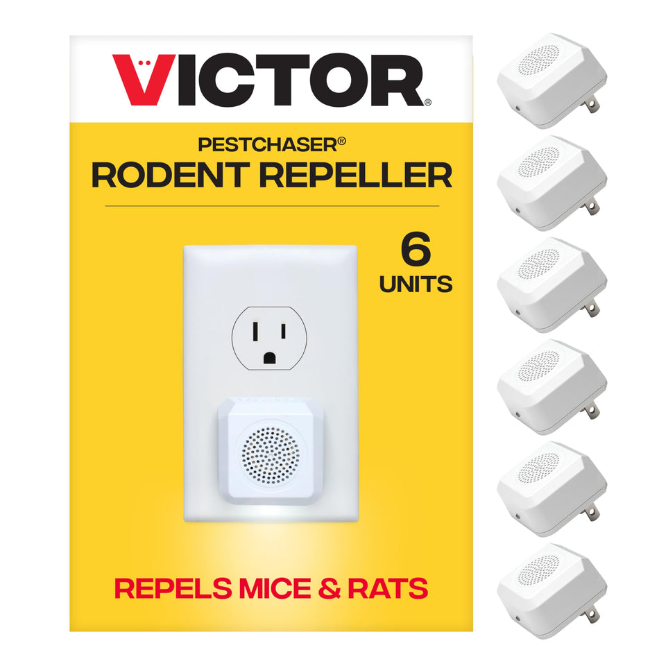Victor PestChaser rodent repeller in outlet provides discreet room protection.