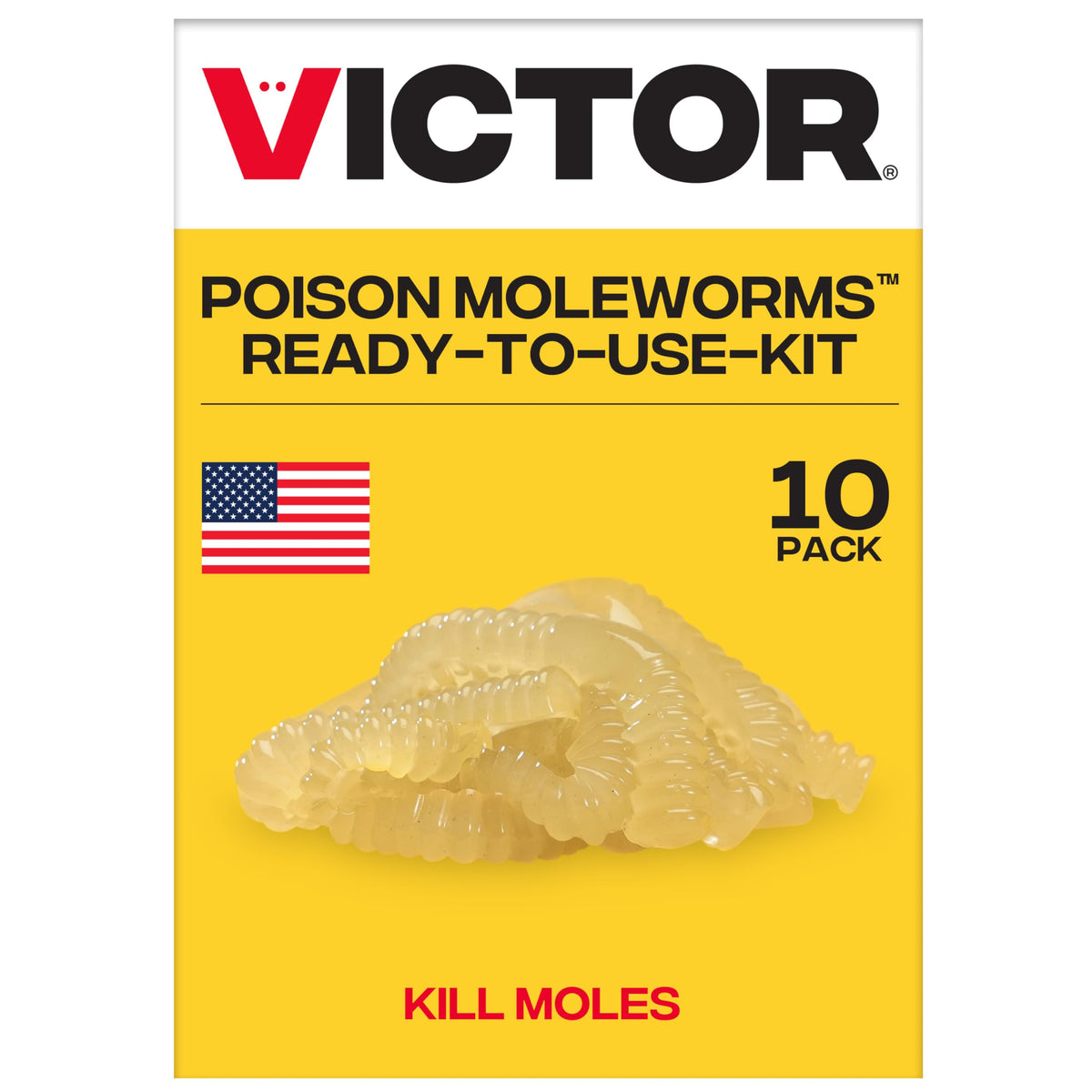 Victor Poison Moleworms: ten realistic worm bait ready for underground mole tunnels.