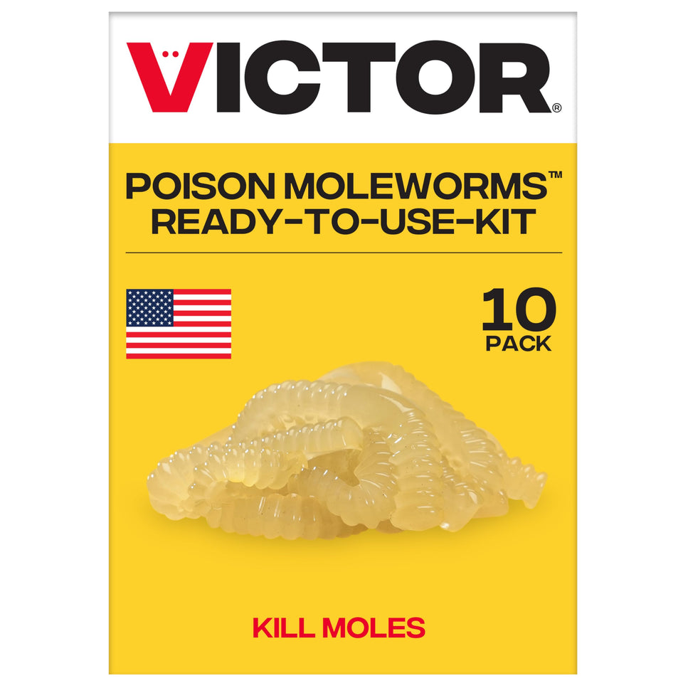 Victor Poison Moleworms: ten realistic worm bait ready for underground mole tunnels.