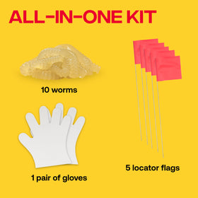 Victor Poison Moleworms kit highlighting active tunnel flags for placement.