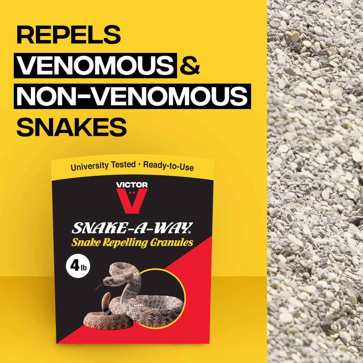 Victor Snake-A-Way is EPA-registered for snake deterrence.