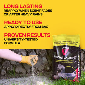 Victor Snake-A-Way granules close-up highlight durable outdoor formula for deterrence.
