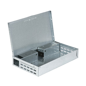 Victor Tin Cat trap outside-use for safe outdoor rodent control.