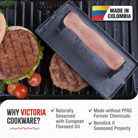 Victoria cast iron panini press bacon weight in action for pressed, crispy results.