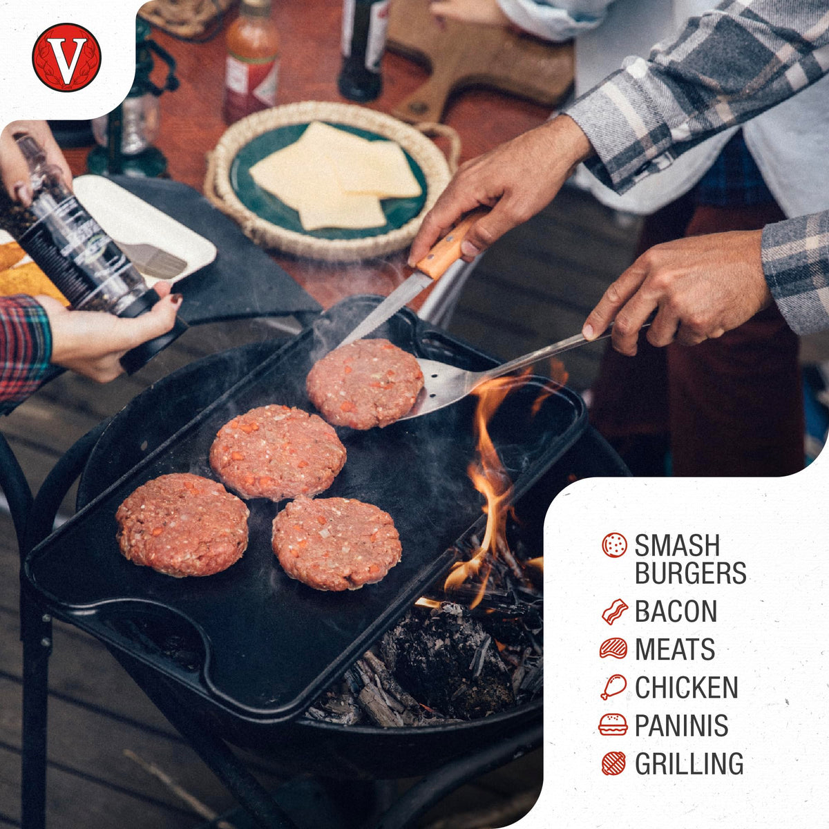 Victoria cast iron panini press removable wood handle for easy reseasoning and cleaning.