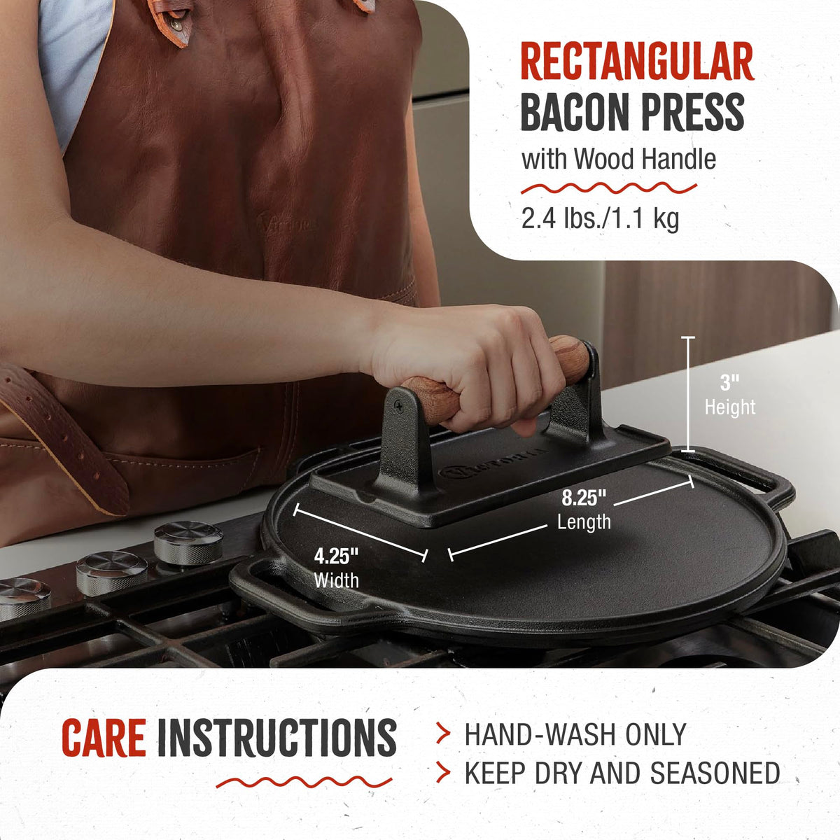 Victoria cast iron panini press ready for table service after cooking.