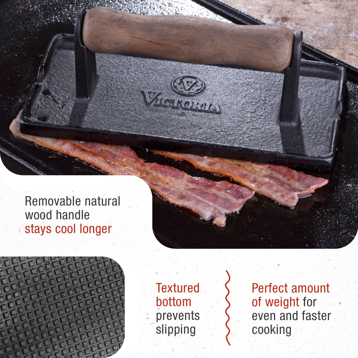 Victoria cast iron panini press textured bottom shows non-slip surface during grilling.