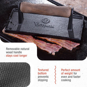 Victoria cast iron panini press textured bottom shows non-slip surface during grilling.