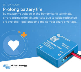 Victron Energy Smart Battery Sense installed on battery with self-adhesive strip keeps sensors tidy.