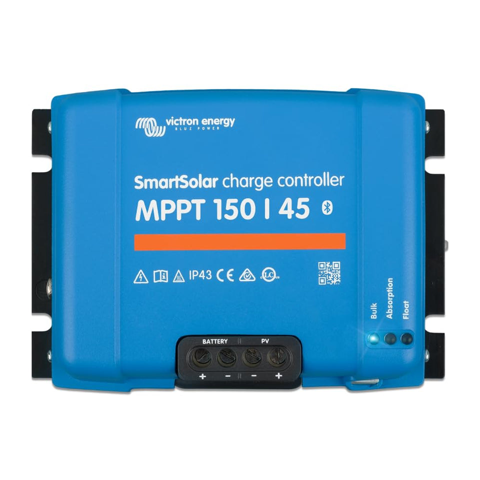 Victron Energy SmartSolar MPPT controller close-up showing efficient solar charging potential.