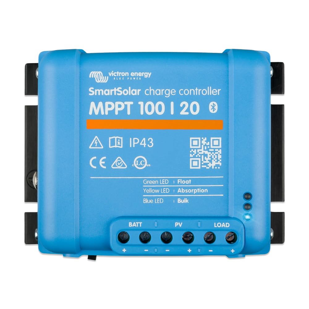 Victron Energy SmartSolar MPPT controller front view showing compact design for solar charging