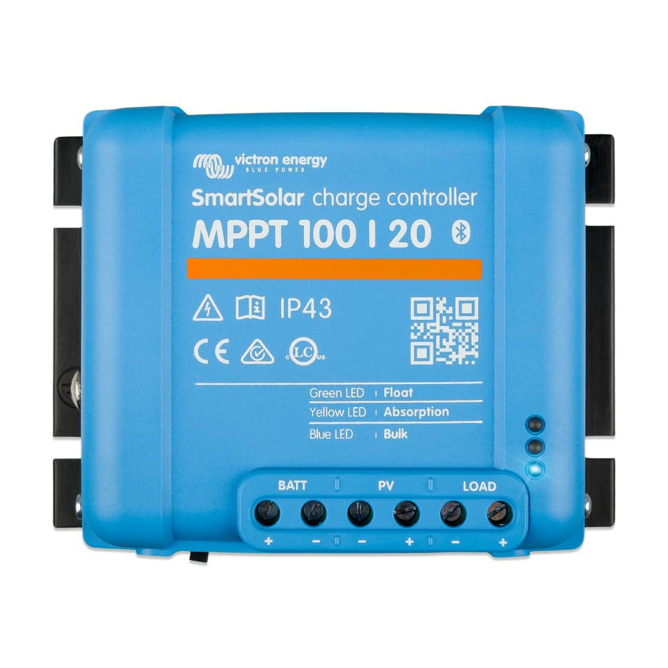 Victron Energy SmartSolar MPPT controller front view showing compact design for solar charging