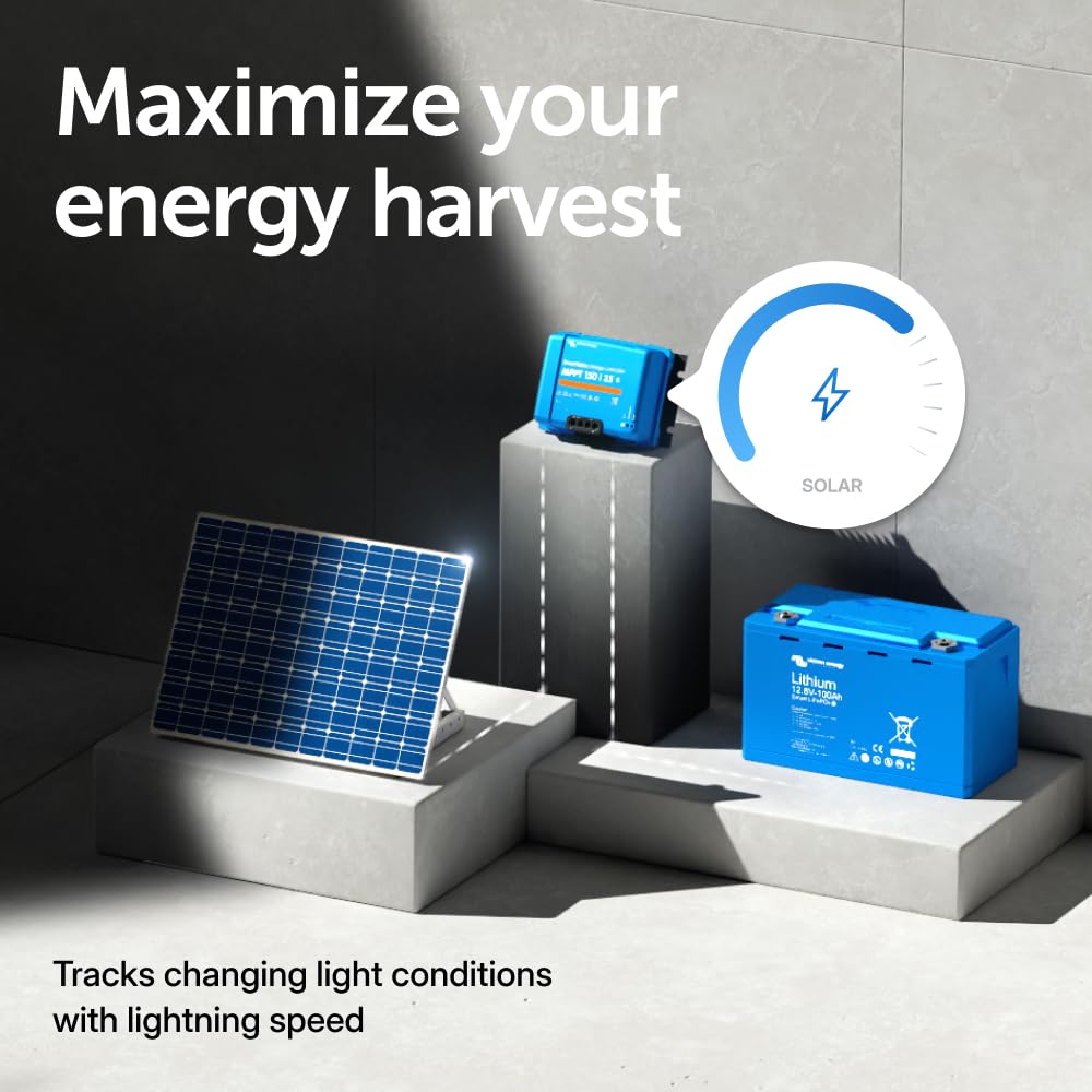 Victron Energy SmartSolar MPPT panel graphics illustrating efficient power tracking.