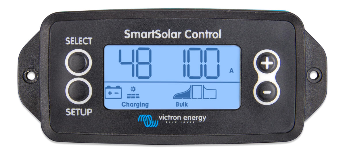 Victron Energy SmartSolar Pluggable Control Display shows real-time solar charging status.