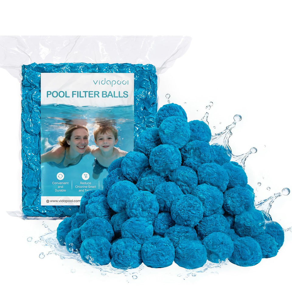 Vidapool filter balls close-up showing ultra-fine filtration for clearer water