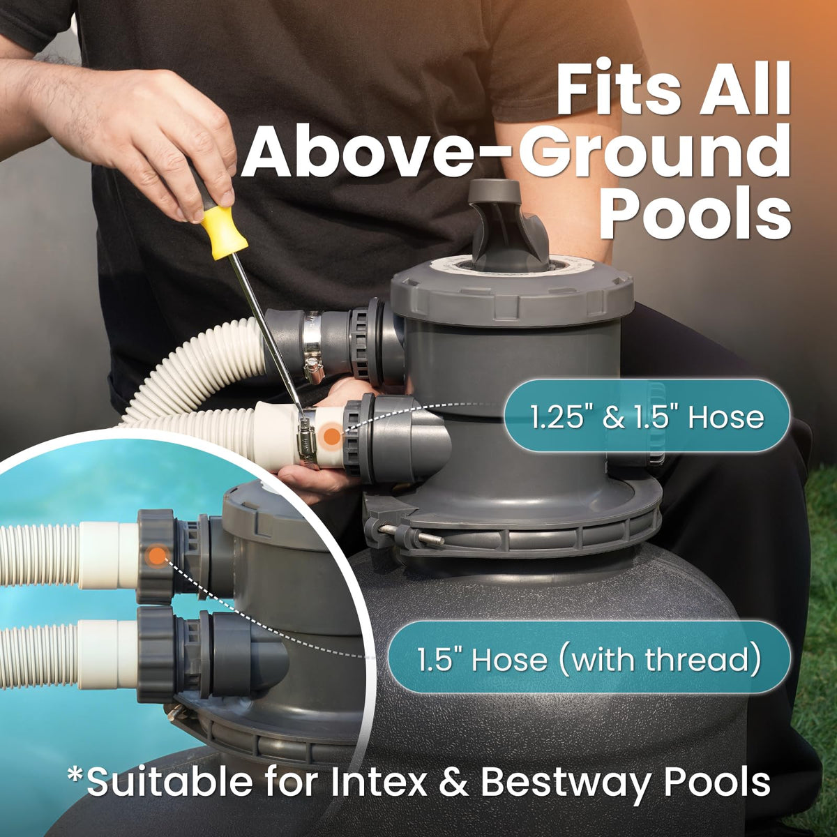 Vidapool hose adapters and clamps for easy above-ground pool setup