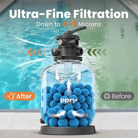 Vidapool reusable filter balls shown being rinsed for quick maintenance