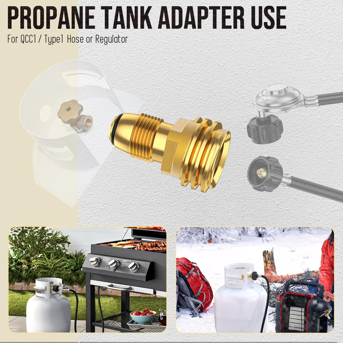 Vieaube adapter threaded connection shows secure seal with propane hoses
