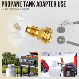 Vieaube adapter threaded connection shows secure seal with propane hoses