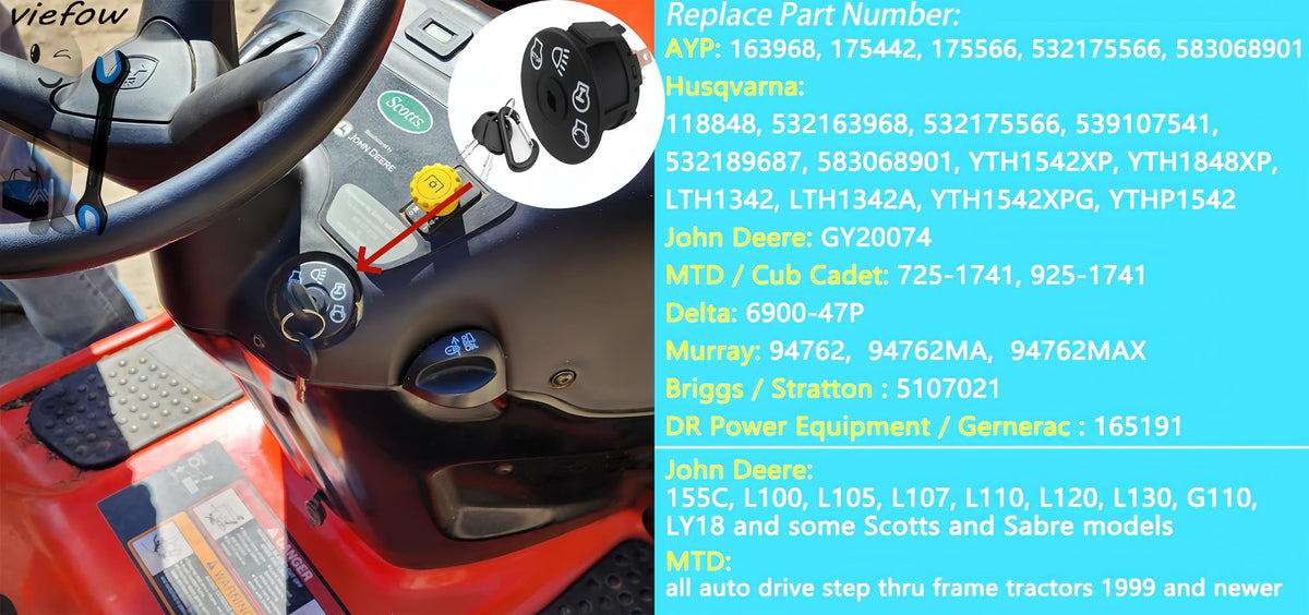 Viefow ignition switch with two keys included for easy access