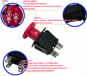 Viefow PTO switch snap-in mounting demonstrates quick, tool-free installation.