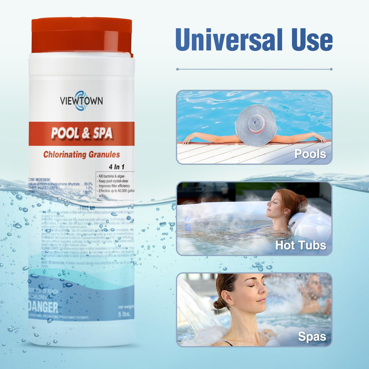 VIEWTOWN safe-for-all-pool-surfaces formula preserves vinyl, plaster, fiberglass, and tile.