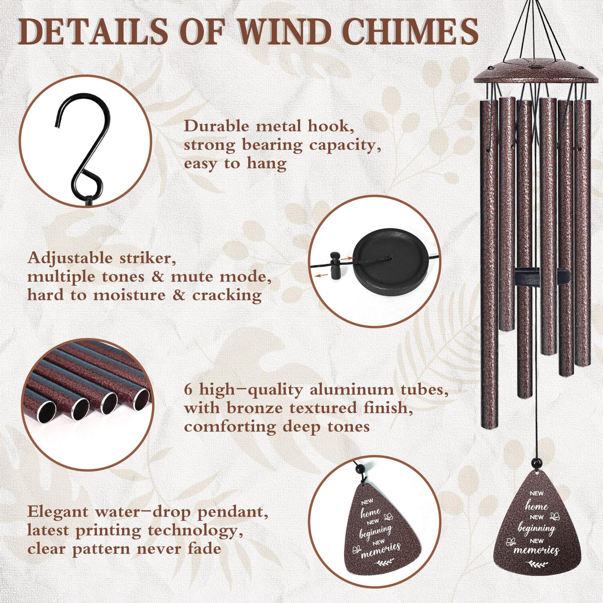 vifoew wind chimes with adjustable striker for tone control