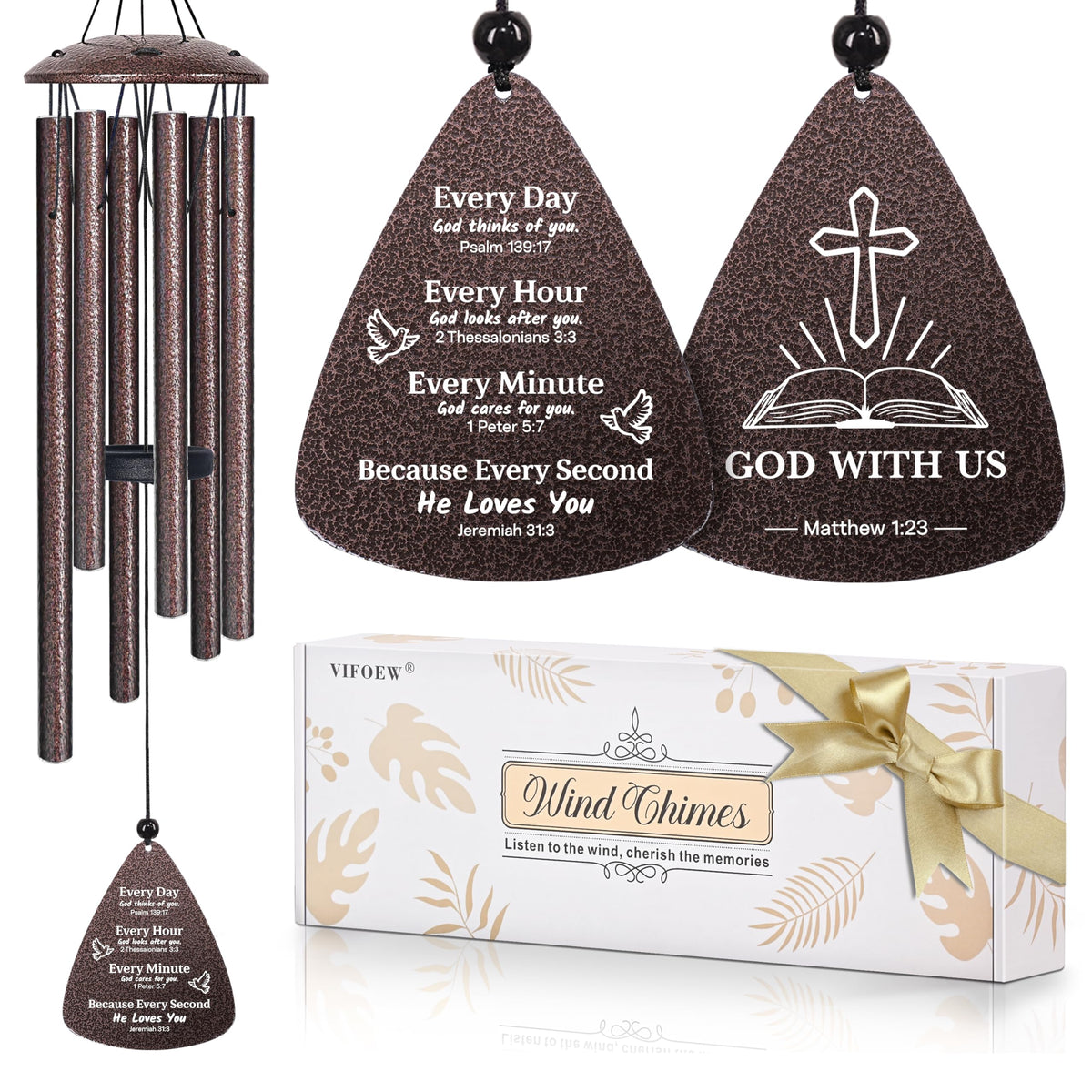 Vifoew wind chime with cross and Bible verse for peaceful outdoor ambiance.