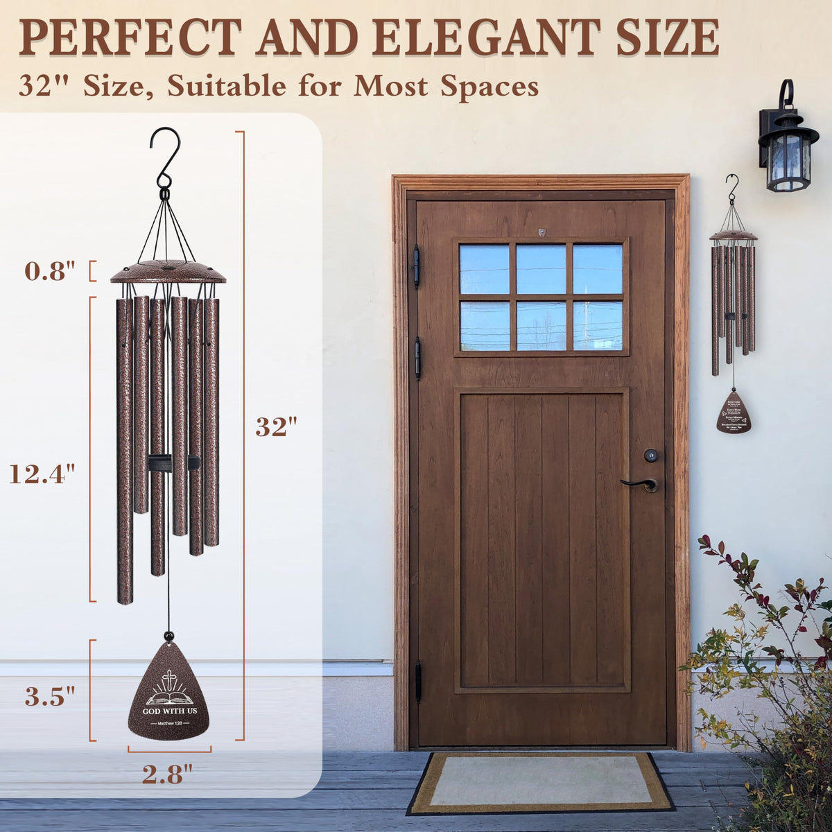 Vifoew wind chime hanging outdoors on porch for calming sounds.