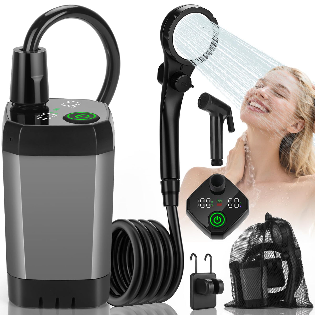 Vignuto portable shower with battery display helps plan off-grid baths