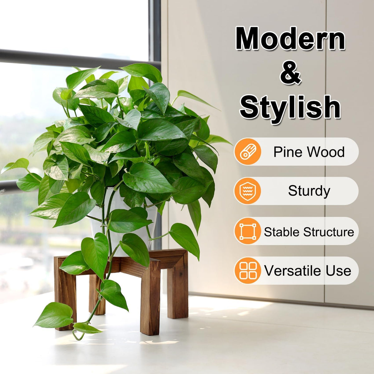 Vigordream walnut plant stand side view showing solid construction
