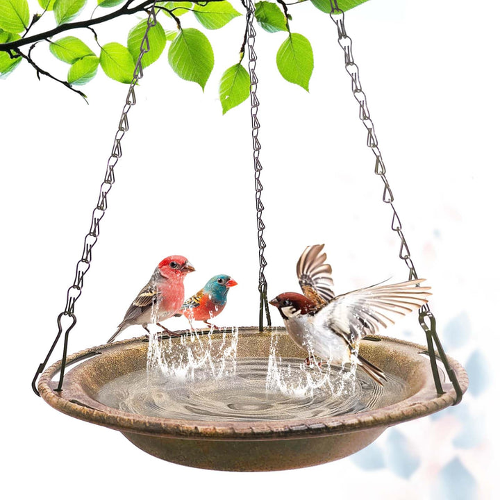 VIHSIPR hanging bird bath with chains in a sunny garden for outdoor use