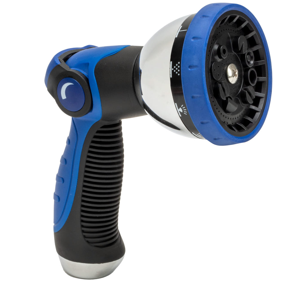 VIKING hose nozzle featuring 10 spray patterns for versatile outdoor watering and cleaning.