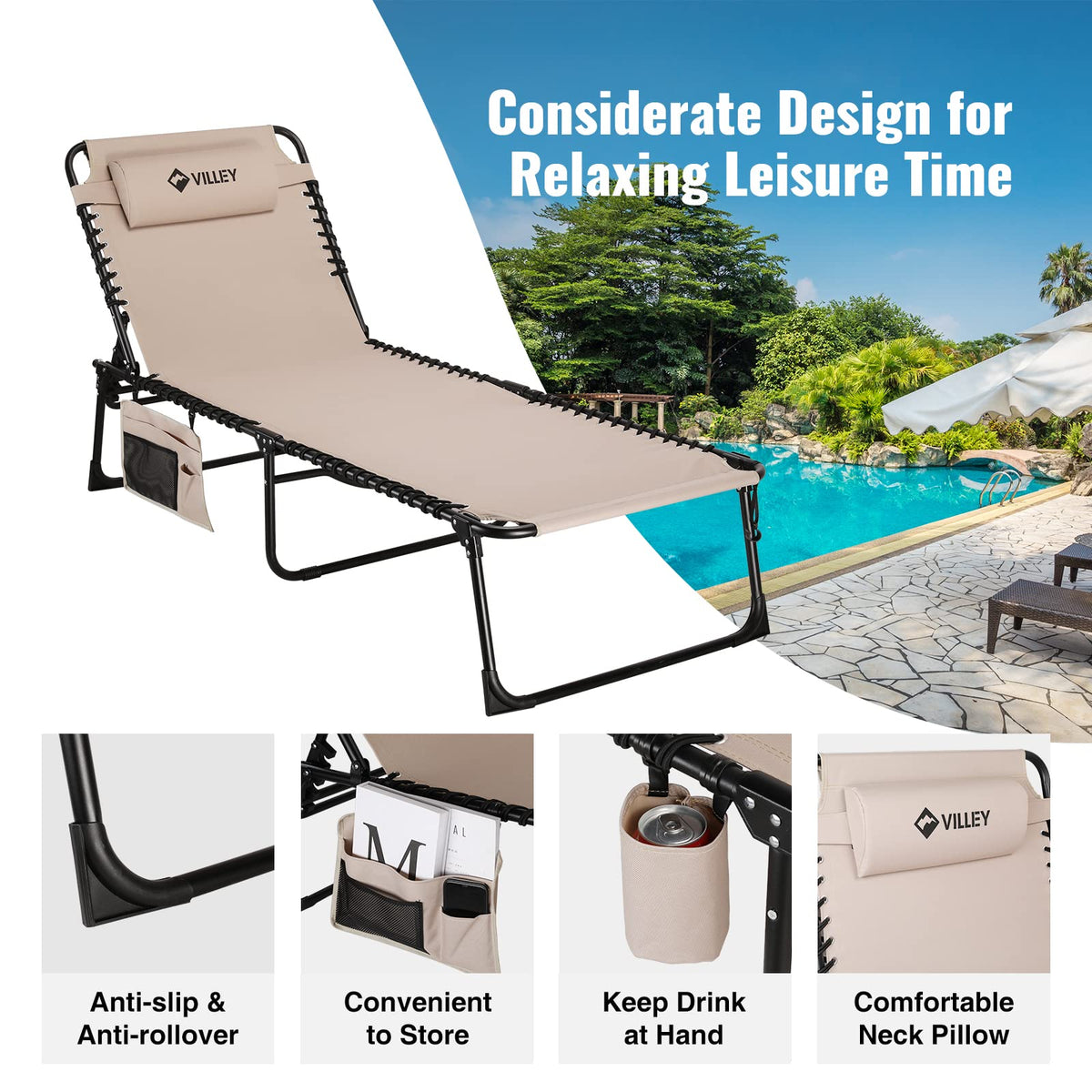 VILLEY Oversized Chaise Lounge backrest adjustments provide customizable comfort.