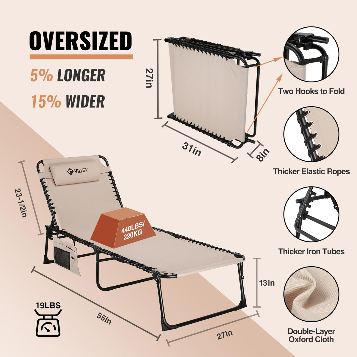 VILLEY Oversized Chaise Lounge neck pillow and cup holder for convenient relaxation.