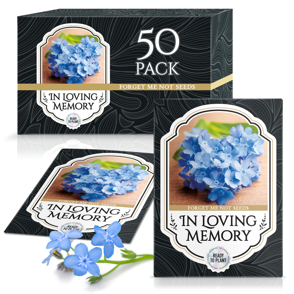 Vimtoba Forget Me Not seed packet front view for memorial service, a thoughtful remembrance keepsake
